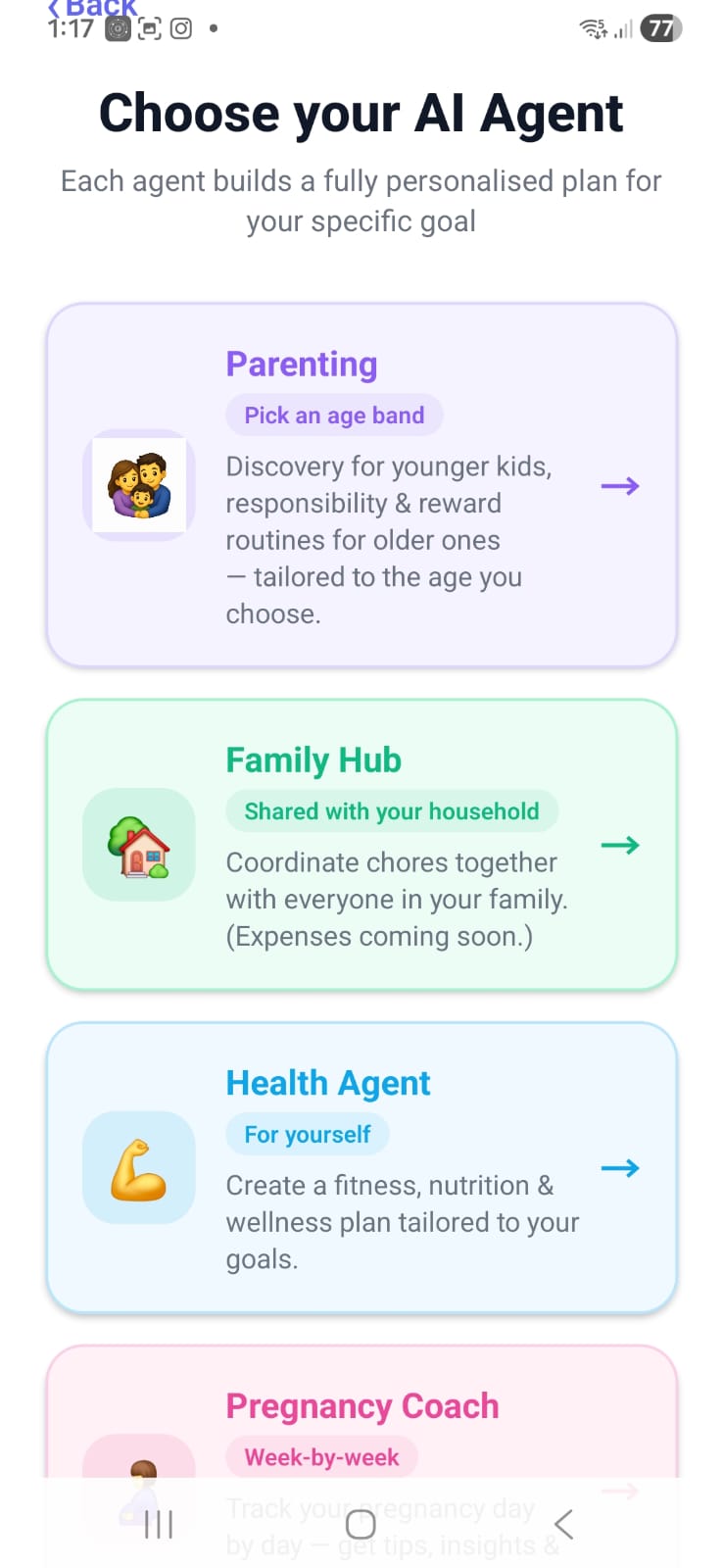 GoalWize.AI home screen showing AI goal agents