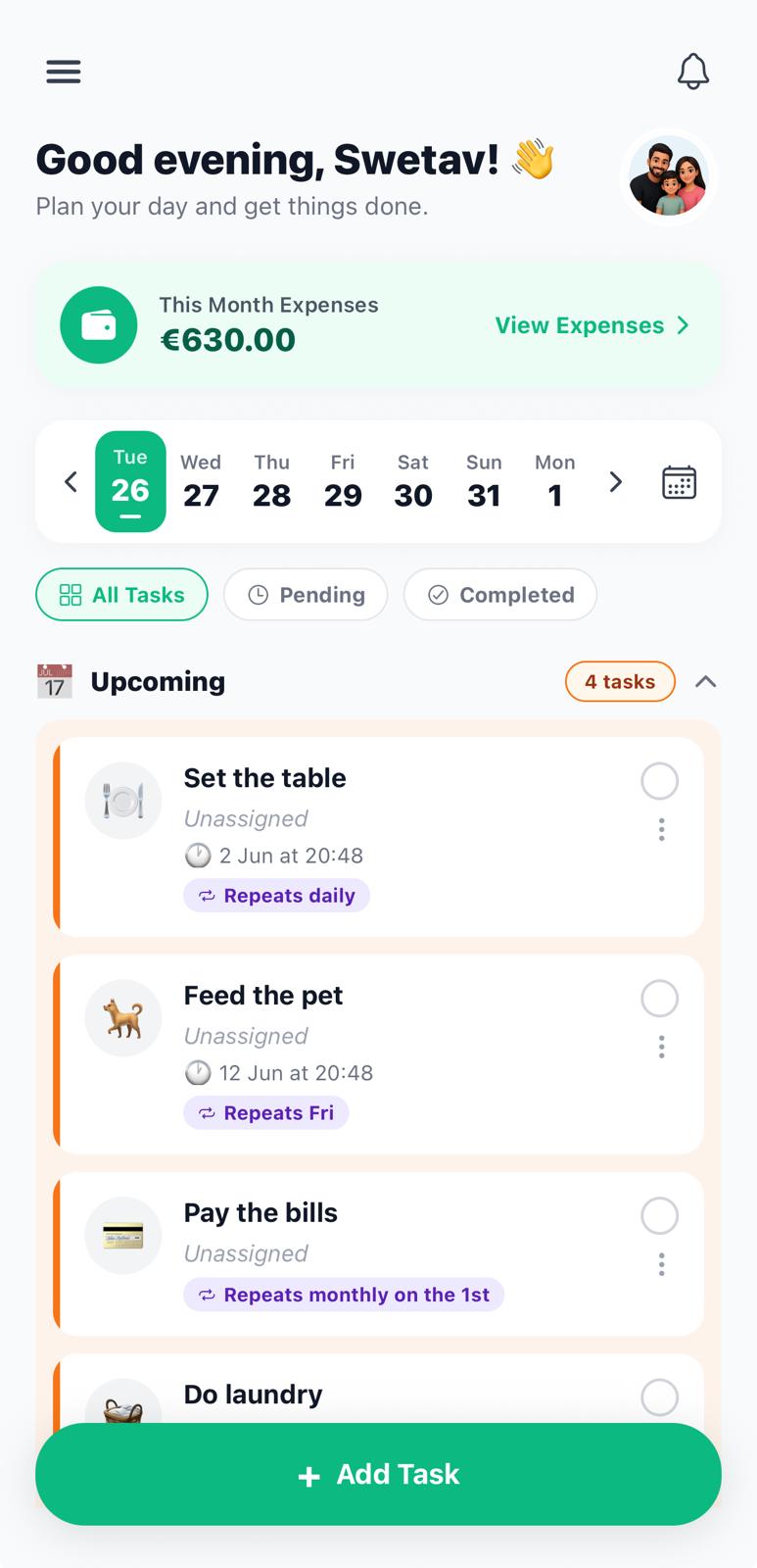 Family Hub — shared chores and expenses